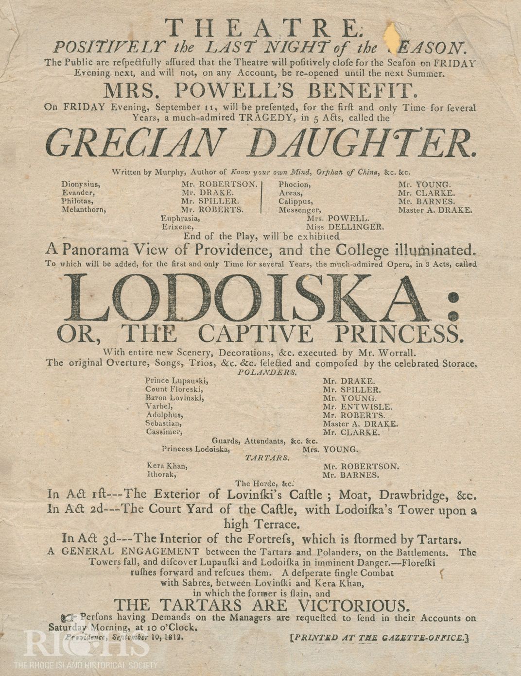 1812 pamphlet mentioning the drop scene