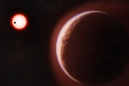 An artistic rendering of LHS 1140 b and its host star, with another smaller exoplanet orbiting nearby.