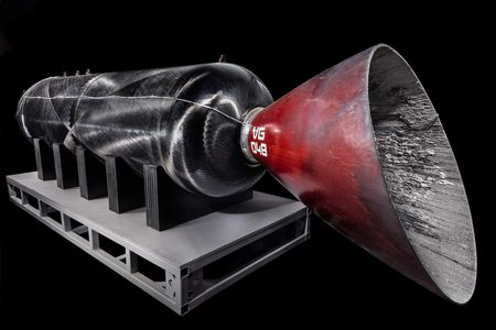 This cylindrical vessel, known as the Case/Throat/Nozzle (CTN), is the portion of RocketMotorTwo donated to the museum. It is one of the only non-reusable components of SpaceShipTwo.  