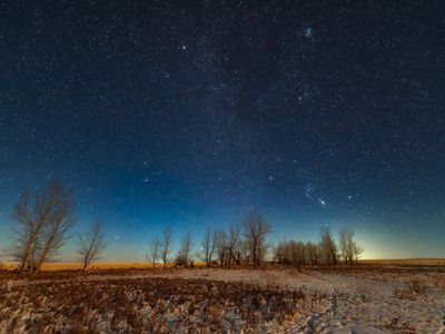 The consellation Orion and other stars in the sky in Alberta, Canada, in 2019.
