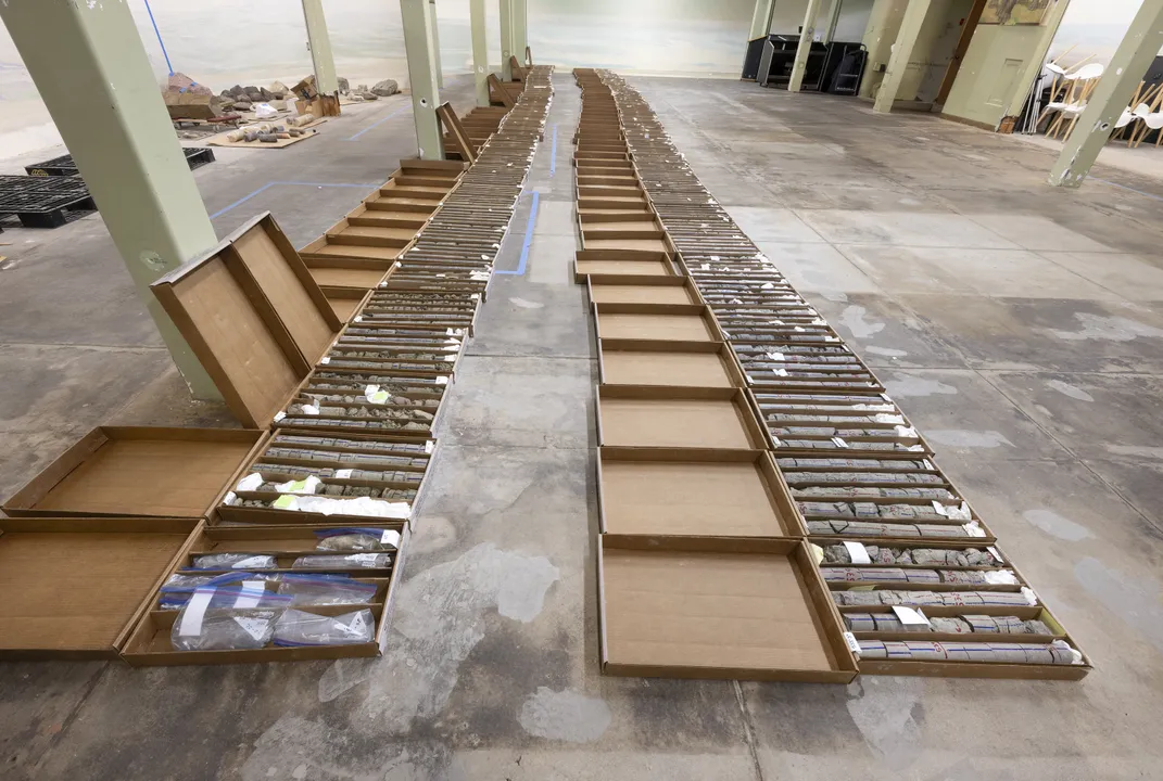 Boxes of core samples laid out on the ground