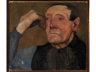 Half-Length&nbsp;Portrait of a&nbsp;Peasant, His&nbsp;Head Resting on&nbsp;His Right Hand,&nbsp;oil tempera on&nbsp;cardboard, c.&nbsp;1903. The artist&nbsp;created the work&nbsp;at an art colony&nbsp;in Germany.