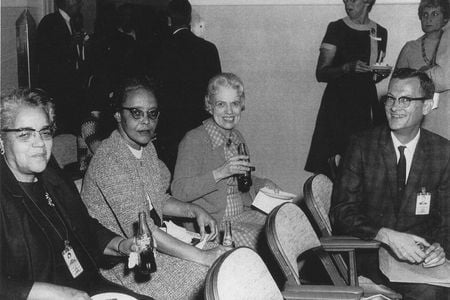 This photo, donated by B. Golemba to the Langley Research Center, shows a few of the institution's human computers. Human computers were often women who helped to crunch data before the wide-spread use of electronic computers. Left to Right: Dorothy Vaughan, Lessie Hunter, Vivian Adair (Margaret Ridenhour and Charlotte Craidon in back). Credit: NASA