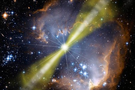 An artist's concept showing a "naked-eye" view of a GRB up close. Observations suggest that material is shot outward in a two-component jet (white and green beams). Credit: NASA/Swift/Mary Pat Hrybyk-Keith and John Jones