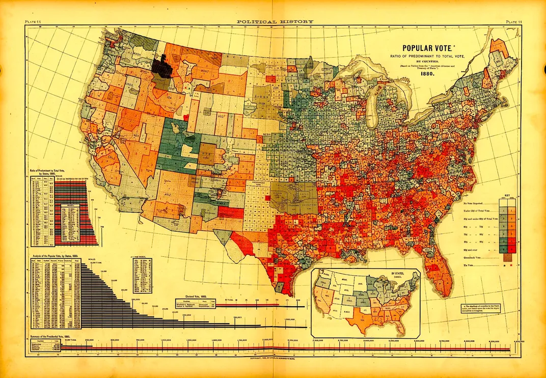 Map showing county-level elections results, 1880