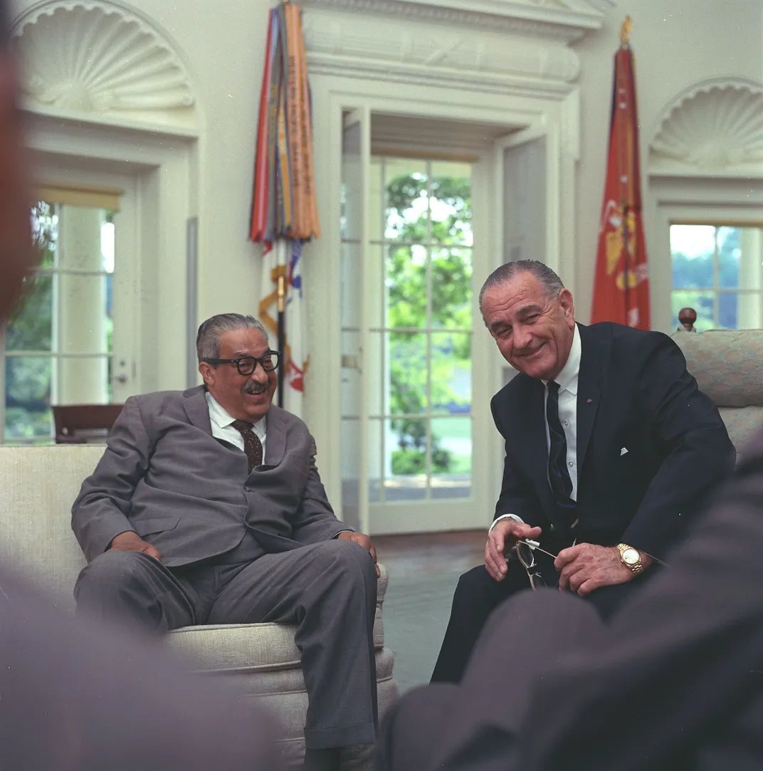 Thurgood Marshall and Johnson in the Oval Office in 1967
