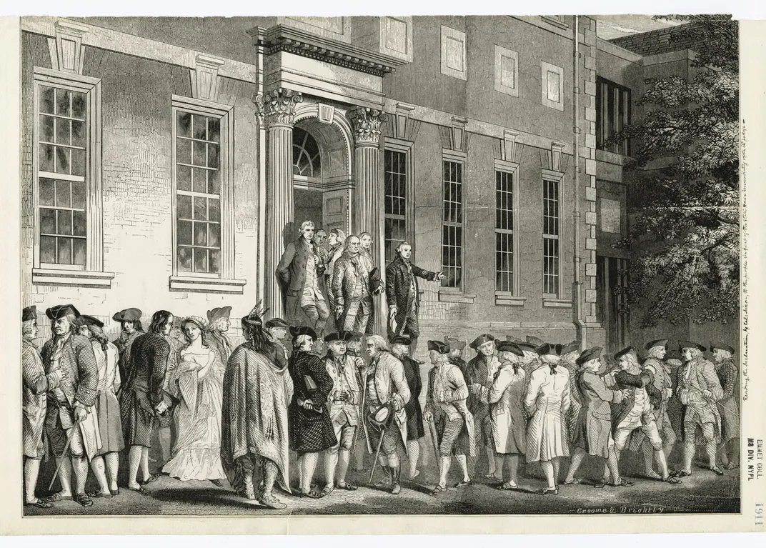 A depiction of John Nixon reading the Declaration of Independence to a crowd gathered outside of Philadelphia's State House on July 8, 1776