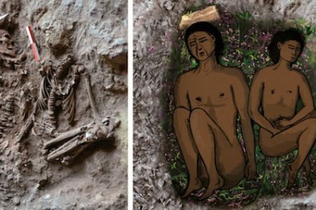 Plant impressions found underneath a pair of ancient humans (at left) indicate they were buried atop a bed of flowers (as depicted at right).