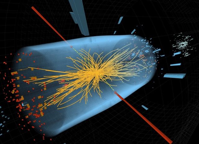 A simulation of a particle collision as seen by the Large Hadron Collider’s CMS experiment.