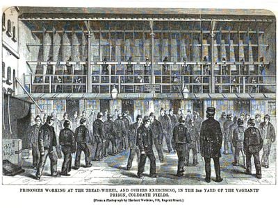 Prisoners walk the treadmill at Coldbath Fields prison in England, circa 1864. Other prisoners are exercising in the yard below.