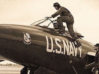 John Magda (mounting his Blue Angel Panther in 1950)