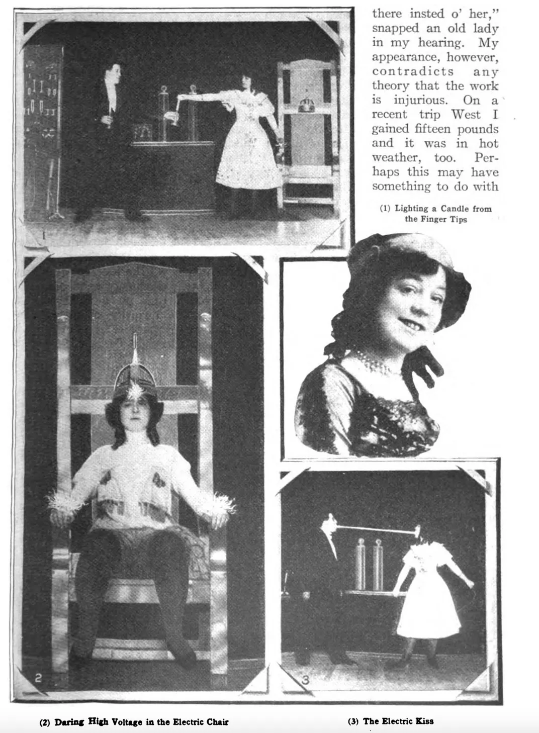 Photos from a 1913 magazine article about the sideshow performer Electrice