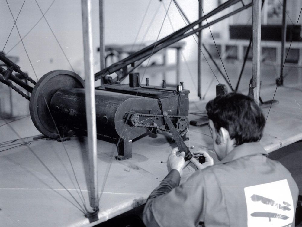 Wright Flyer undergoing restoration 1984-1985.jpg