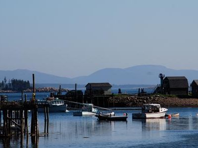 Lunt Harbor, looking toward the mountains of Acadia National Park
