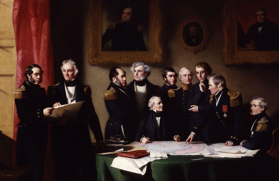 A painting of the Arctic Council planning a search for the lost Franklin expedition