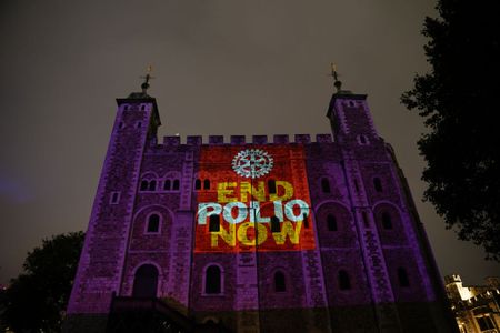 The Tower of London with the slogan "End Polio Now" on World Polio Day in October 2021
