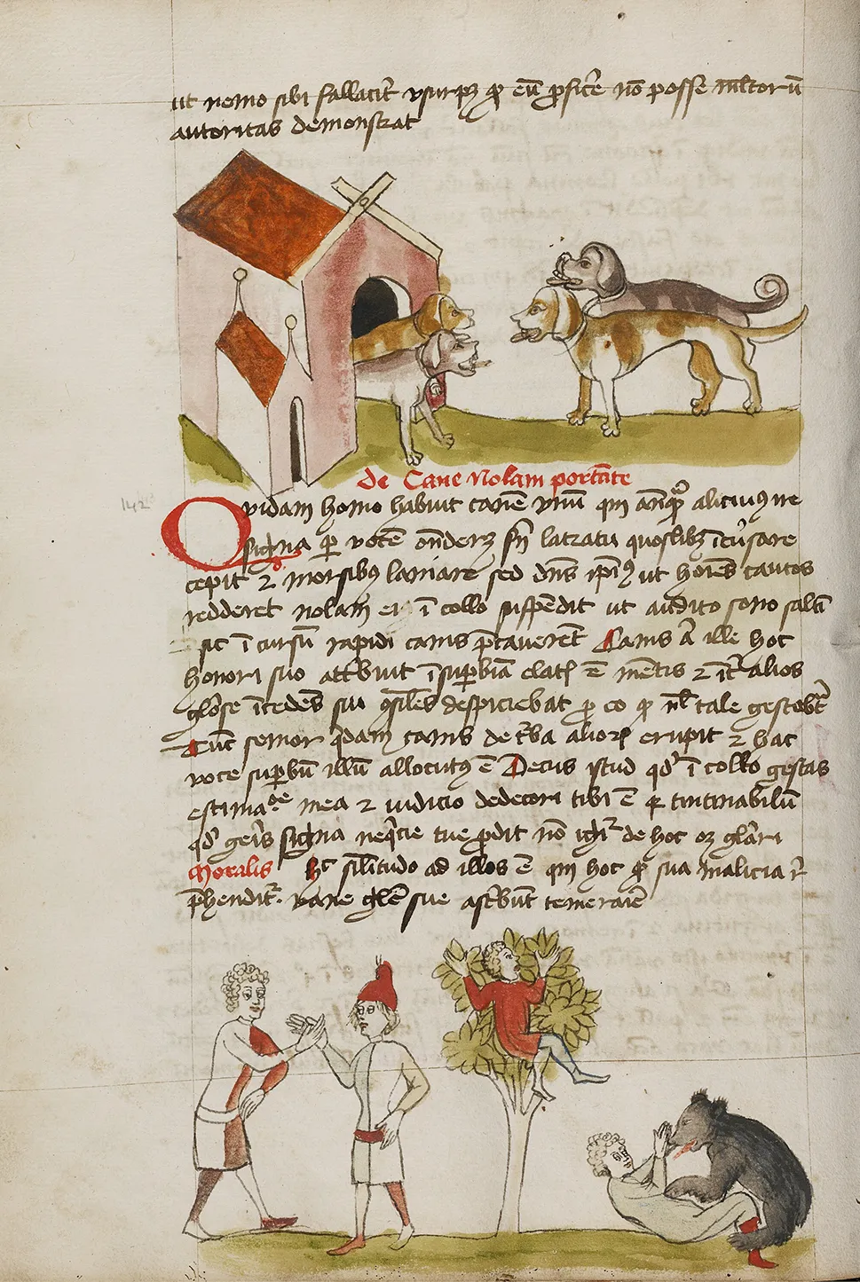 Fifteenth-century depiction of four dogs and a doghouse