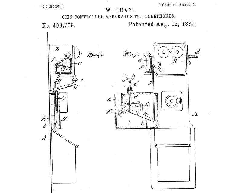 Patent  408,709 for a "coin-controlled apparatus for telephones," issued August 13, 1889.