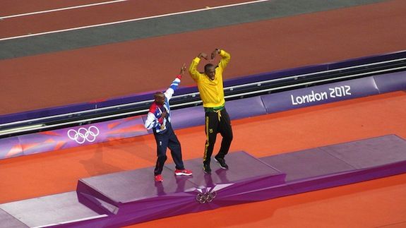 Farah and Bolt mimic one another’s classic poses