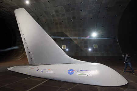 A full-size Boeing 757 tail equipped with sweeping jets was tested in a wind tunnel at the Ames Research Center.