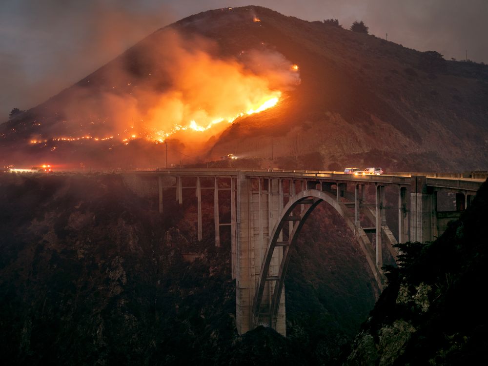 Winter wildfires near Bixby Bridge in Big Sur