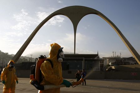 Local workers disinfects the famous Sambadrome in Rio de Janeiro, Brazil, 26 January 2016.
