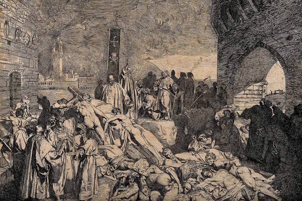 Illustration of a bunch of people sick or dying in the street, depicting a scene caused by the Black Death