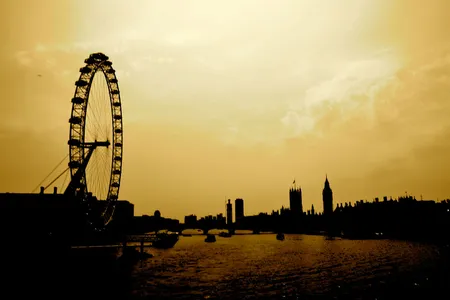 The sun sets on the River Thames winding its way between the London Eye and the Houses of Parliament. The 210-mile river flows through several small English towns before it reaches the center of London, and eventually spouts into the North Sea. The 184-mile Thames Path, which hugs the river’s banks, is the longest riverside walkway in Europe.

