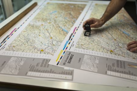 A Swiss map at the printing office of the Federal Office of Topography in Wabern, Canton of Bern, Switzerland.