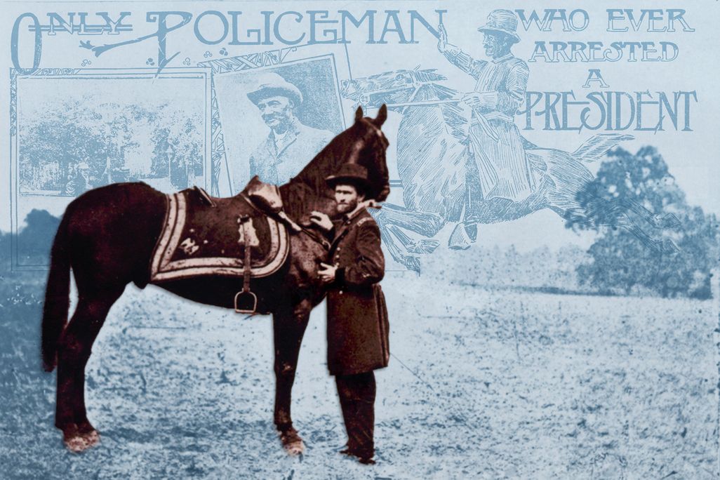 Illustration of Ulysses S. Grant with his racehorse Cincinnati, overlaid on a newspaper article about his 1872 arrest