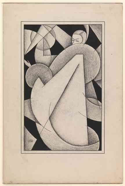 Cubist design of woman wearing a full coat with large fur collar and cuffs, 1927-’28, signed DSD.
