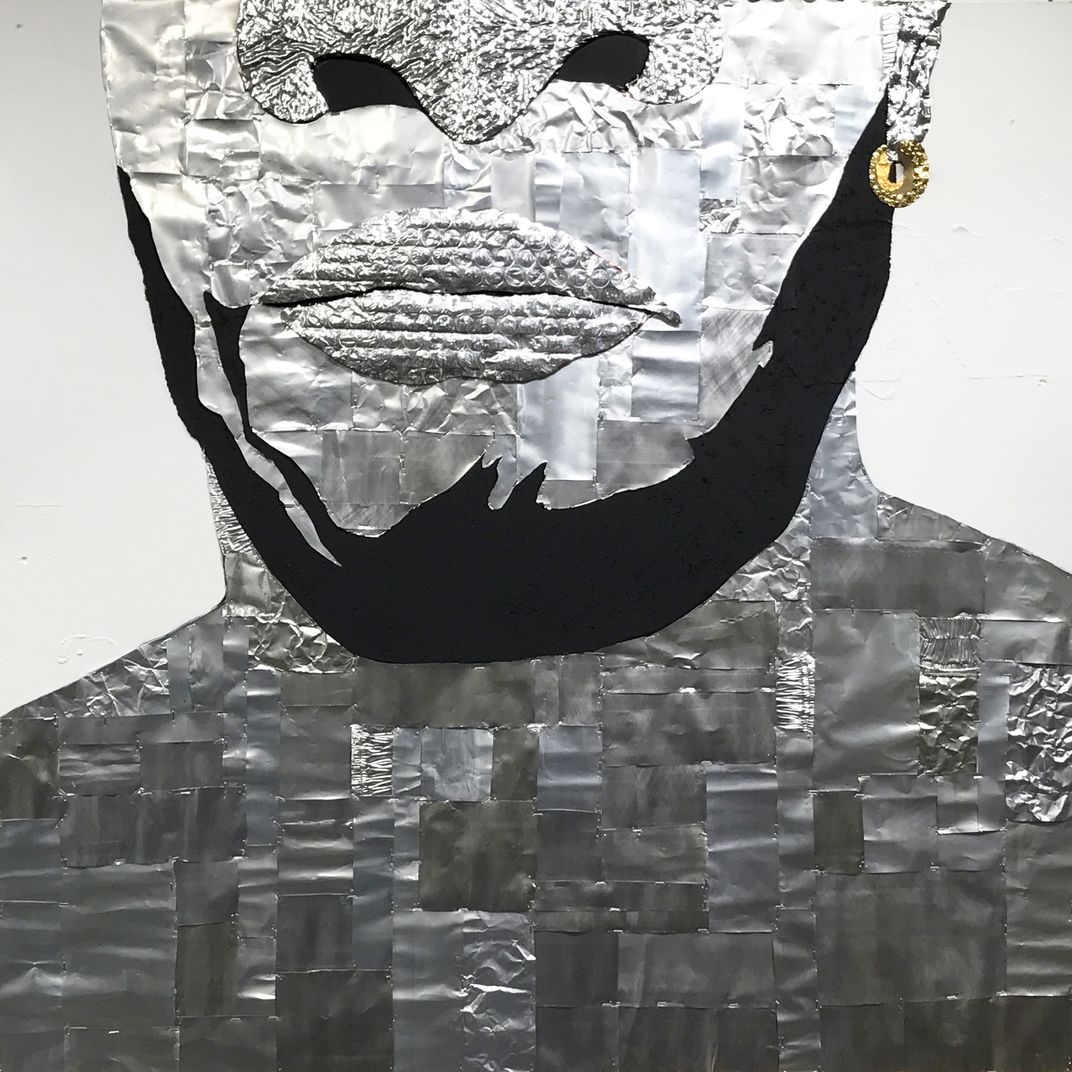 Stuart Robertson, Self-Portrait of the Artist (from the series Out and Bad), 2020, aluminum, earth, acrylic paint, enamel, paper, metallic bubble wrap, sequins and gold foil on wood
