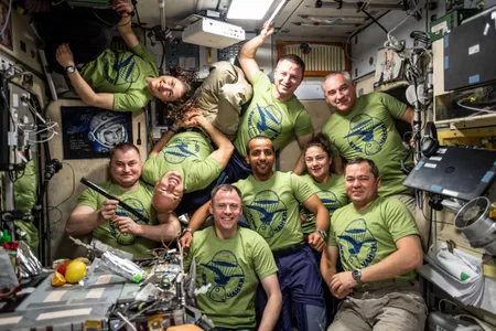The International Space Station: In 2019, nine residents from four countries hang out with a poster of Yuri Gagarin.