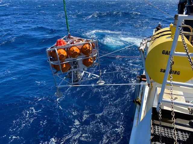 One of the new benthic&nbsp;landers is lowered into the Gulf of Mexico via a system of winches and safety lines. Once released, the autonomous platform sinks at a carefully calculated rate until it lands on the seafloor.