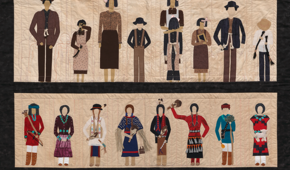 The quilted work Tears of Our Children, Tears for Our Children created by Susan Hudson (Diné/Navajo) depicts the effects of assimilation and boarding schools on the lives of Diné/Navajo children and adults.