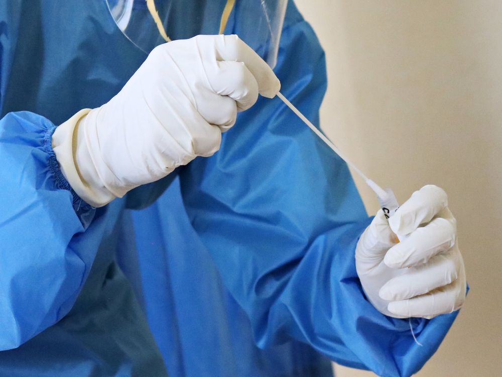 person in PPE holds swab and test tube