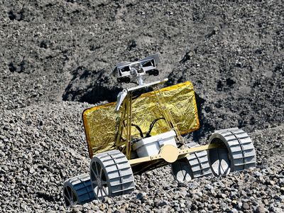“Andy,” a lunar rover designed by Astrobotic and Carnegie Mellon University, takes a test drive at a cement plant near Pittsburgh last year.