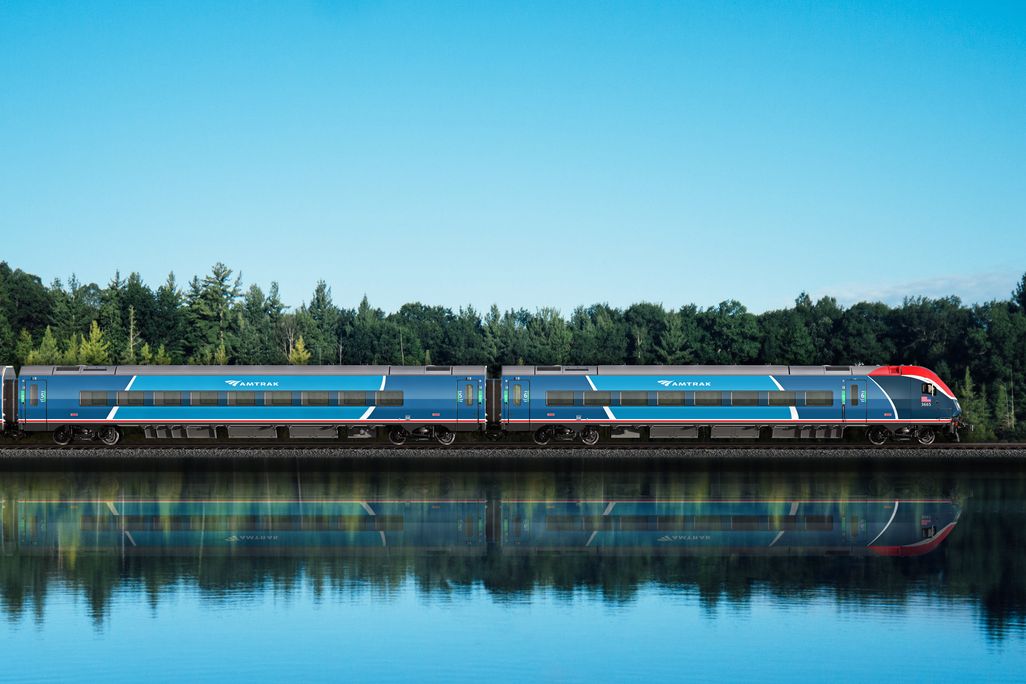 Exterior of Amtrak Airo train by water
