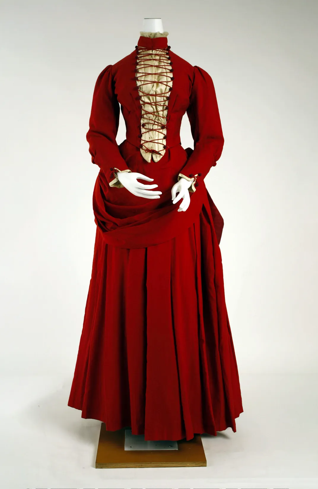 Red silk and wool dress, circa 1887