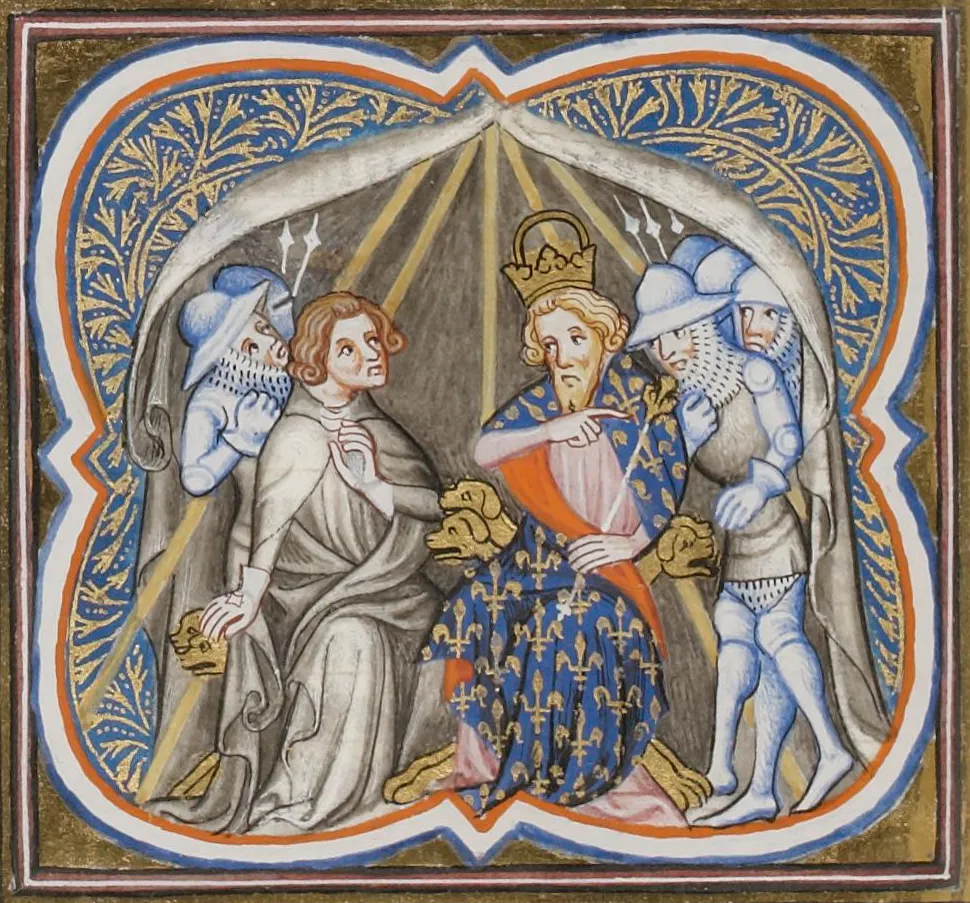 A medieval miniature of Louis the Pious driving away his son, Pepin I of Aquitaine