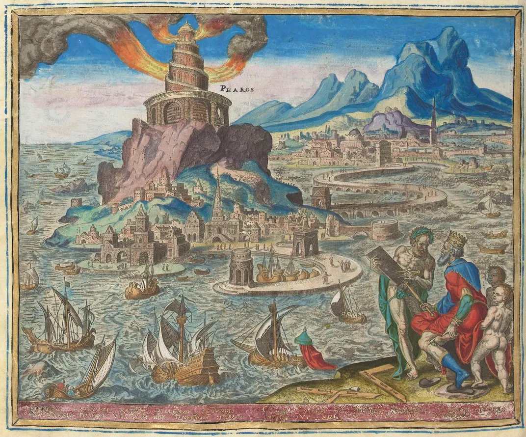 An illustration of the Lighthouse of Alexandria from the 1572 text Octo Mundi Miracula