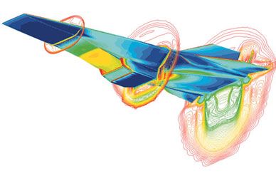 Flying doorstop: The wedge shape of the X-43 compresses air entering the engine. This computational fluid dynamics image shows the vehicle's pressure gradients at Mach 7.