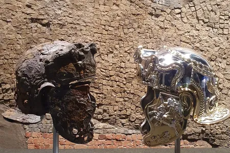 The first-century C.E. helmet alongside a newly created replica