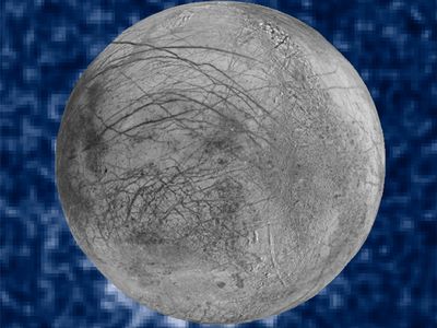 This composite image shows suspected plumes of water vapor erupting at the 7 o’clock position off of Jupiter’s moon Europa. 