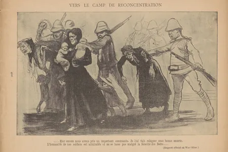 An illustration by cartoonist Jean Veber depicts British Army troops rounding up South African Boer civilians