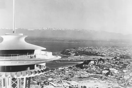 View of the Space Needle and the Century 21 Exposition fairgrounds in Seattle in 1962