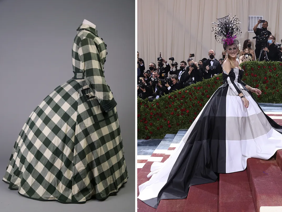 A dress designed by Elizabeth Keckley for First Lady Mary Lincoln (left) and the Sarah Jessica Parker look it inspired (right)