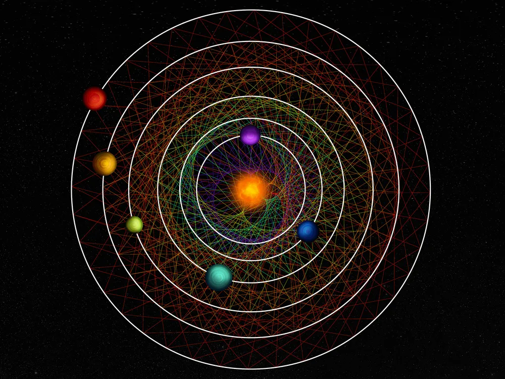 An illustration of different colored planets orbiting a star