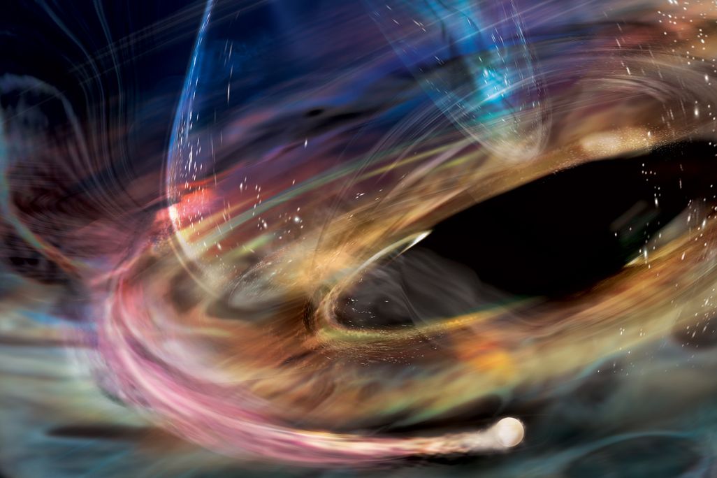 illustration of dense white sphere orbiting black hole with colors flowing around and a thin jet-like protrusion from the black hole