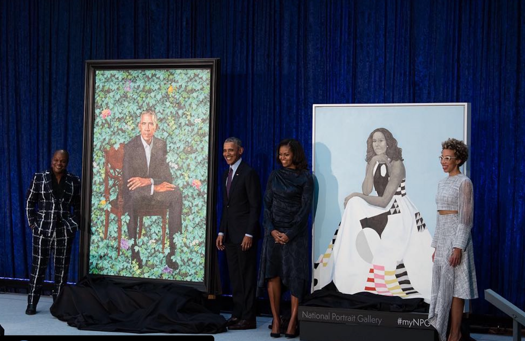 President Barack Obama and Mrs. Michelle Obama with artist Kehinde Wiley and Amy Sherald at the Smithsonian's National Portrait Gallery